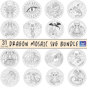 Könnte beinhalten: Eine Sammlung von 31 Drachenmosaik-SVG-Designs in Schwarz und Weiß. Jedes Design ist kreisförmig und zeigt eine andere Drachenillustration, mit dem Text "31 DRAGON MOSAIC SVG BUNDLE" unten.