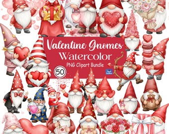 Valentine Gnomes Watercolor Clipart Bundle, Cute Love Gnome PNG, Romantic Valentines Day Clipart, Heart Gnome Sublimation, Festive Gnome Art