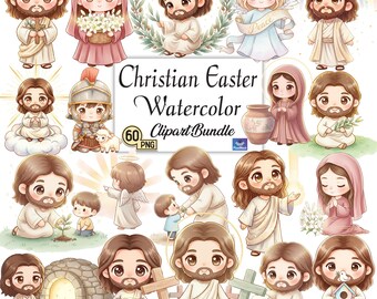 Christian Easter Watercolor PNG Bundle, Cute Jesus Clipart, Bible Story Easter, Faith Kids Illustration, Religious Easter Digital Download