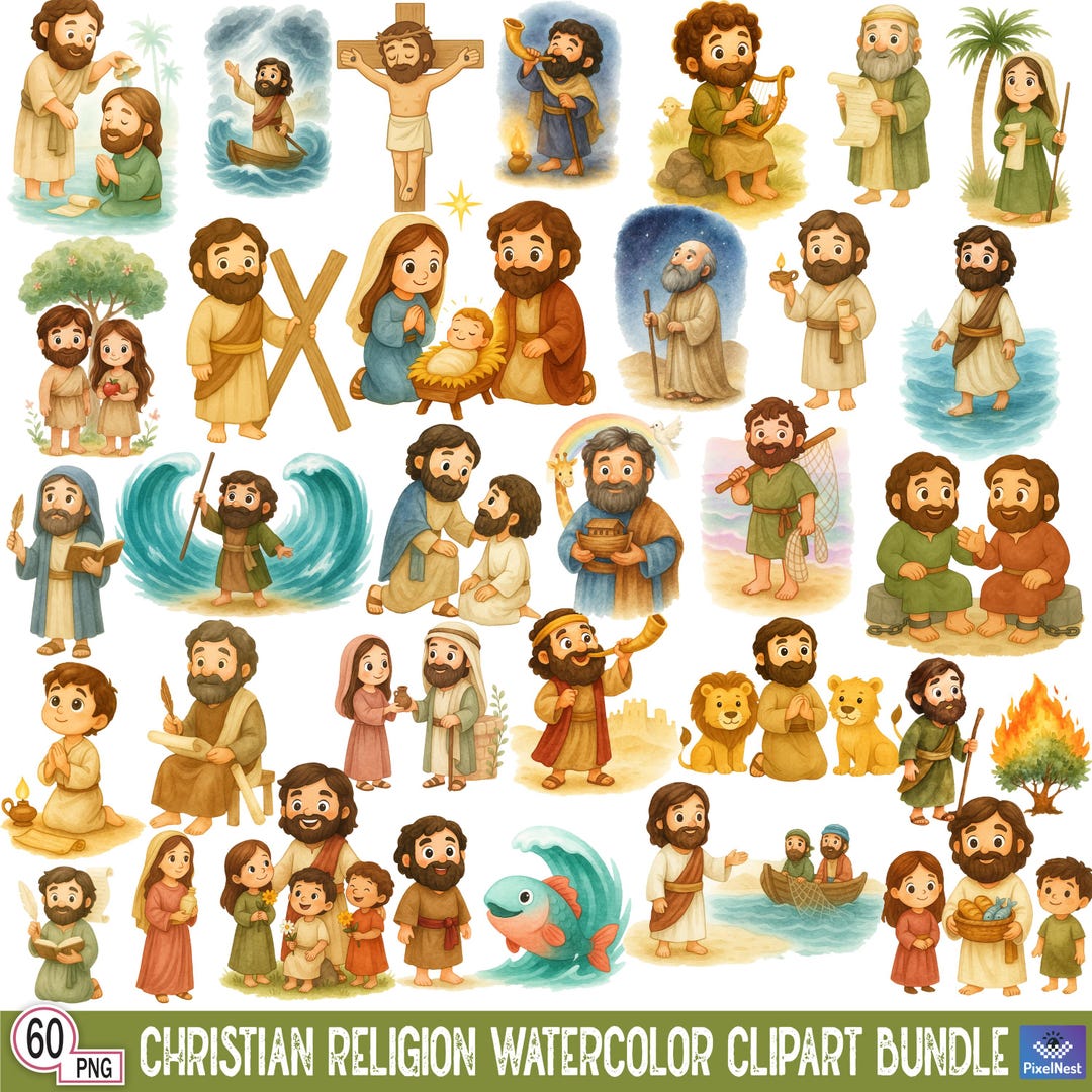 Christian Bible Watercolor Clipart Bundle, Cute Jesus Bible Stories PNG ...