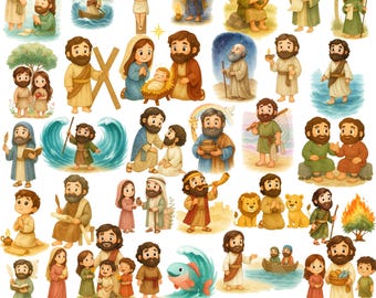 Christian Bible Watercolor Clipart Bundle, Cute Jesus Bible Stories PNG, Kids Christian Illustration, Religious Faith Clipart Set