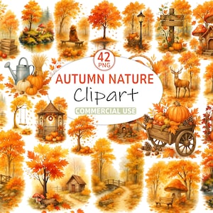 Autumn Nature PNG Bundle, Fall Forest Nature ClipArt, Pumpkin Forest Landscape Autumn Clip Art for Sublimation Stickers, Autumn Scenery PNG