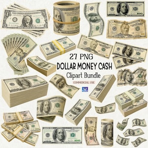 May include: A collection of US dollar bills and stacks of cash. The image includes various denominations, including $1, $50, and $100 bills, some rolled up and secured with rubber bands. The text "27 PNG DOLLAR MONEY CASH Clipart Bundle" is also visible.