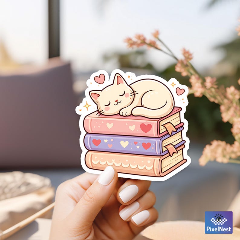Puede incluir: Una pegatina con un gato color crema durmiendo sobre una pila de tres libros. Los libros son rosas, morados y melocot&oacute;n, decorados con corazones. La pegatina tiene un borde blanco y la sostiene una persona.