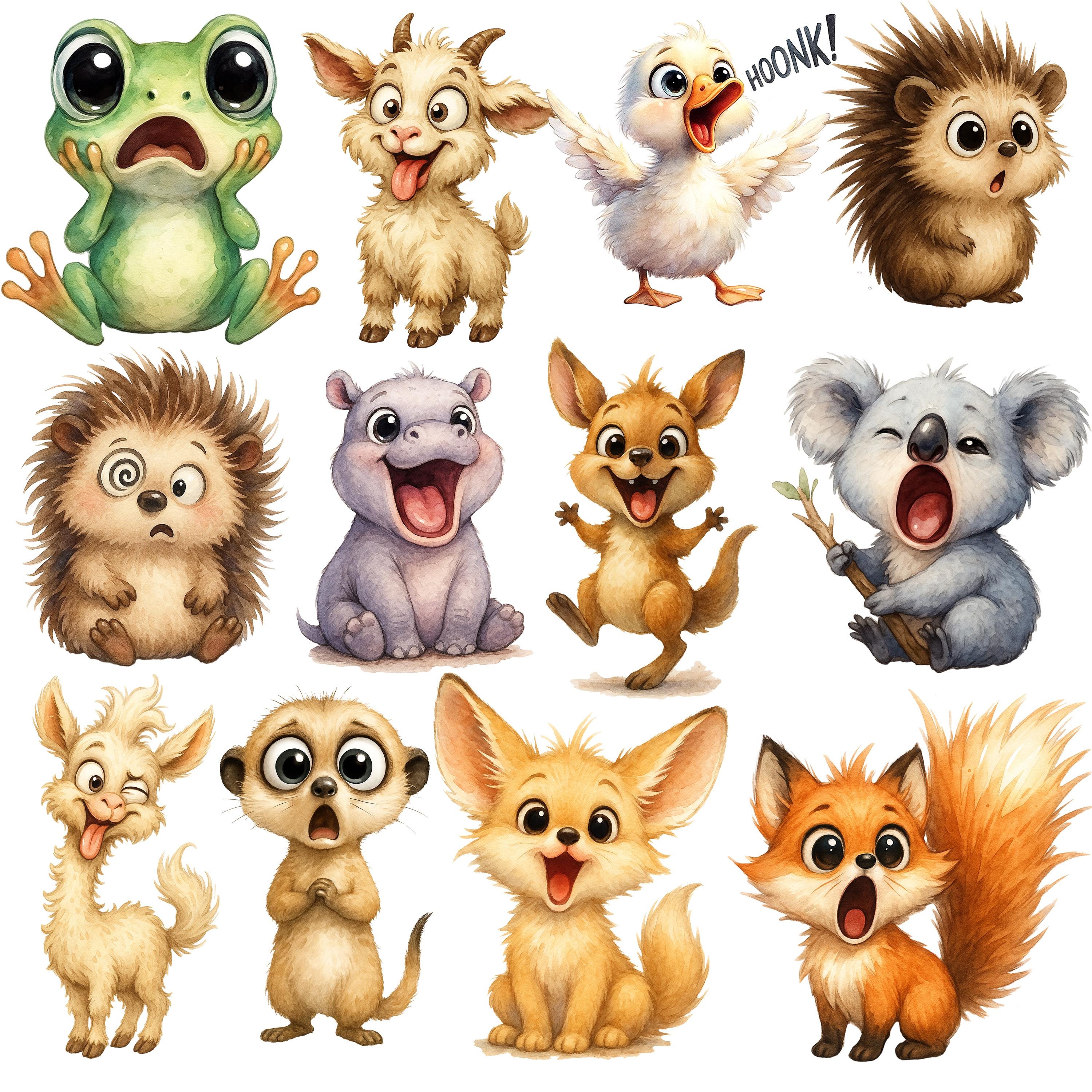 Funny Animals Watercolor Clipart Bundle, Cute Animals PNG, Cartoon ...