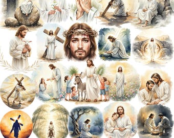 Pasen Jezus aquarel clipartbundel, christelijke opstanding png, christelijke Jezus paaskunst, geloof religieuze bijbelverhaal illustratie