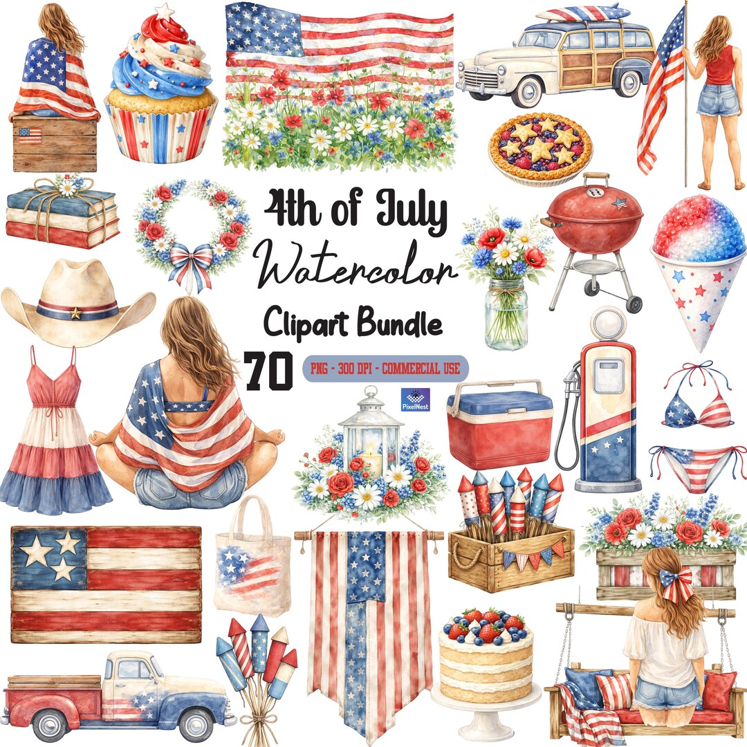 4th of July Watercolor Clipart Bundle, Patriotic Americana PNG, USA ...