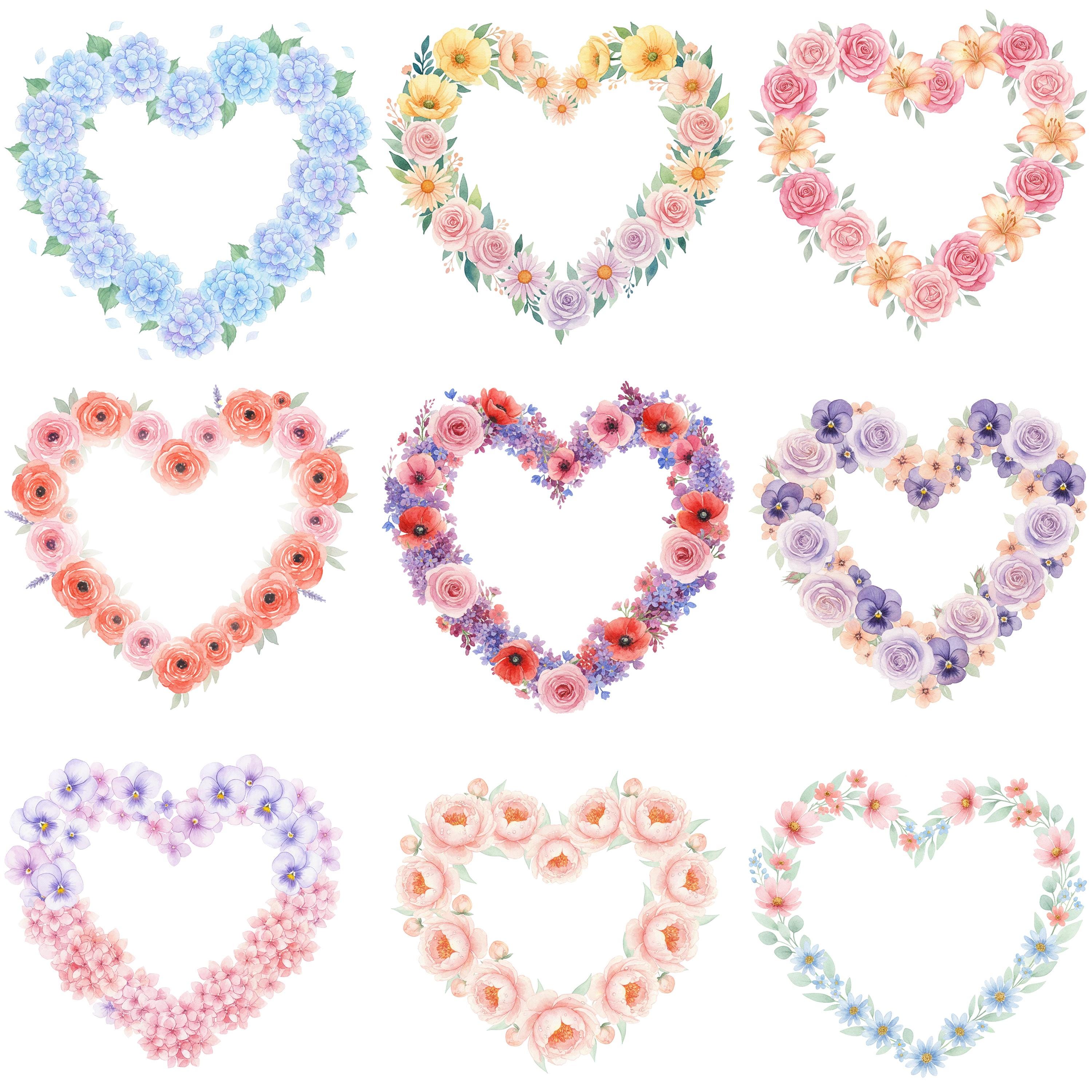 Floral Heart Wreath Clipart Bundle, Watercolor Flower Heart Frames ...