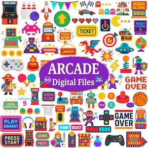May include: A collection of colorful pixel art icons featuring arcade machines, game controllers, characters, and symbols. Text elements include ARCADE 90 Digital Files, HIGH SCORE, TICKET, YOU WIN, JACKPOT, GAME OVER, LEVEL COMPLETE, PLAY AGAIN, PRESS START.