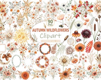 Autumn Wildflowers Clipart Bundle, Fall Floral Watercolor Flowers PNG, Autumn Leaves Wreaths, Botanical Florals Elements Commercial Use