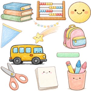 May include: A collection of colorful, hand-drawn school-themed illustrations. Includes a stack of books, an abacus, a smiley face, a pennant, a shooting star, a backpack, a school bus, a ruler, scissors, a notepad, and a pencil holder with pencils and crayons.
