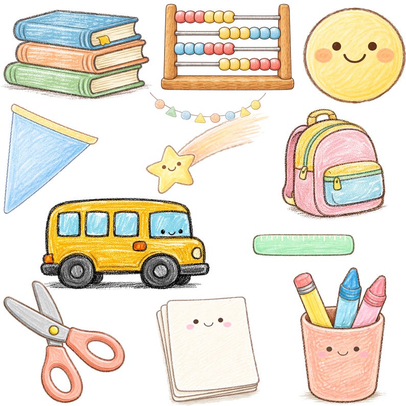 May include: A collection of colorful, hand-drawn school-themed illustrations. Includes a stack of books, an abacus, a smiley face, a pennant, a shooting star, a backpack, a school bus, a ruler, scissors, a notepad, and a pencil holder with pencils and crayons.