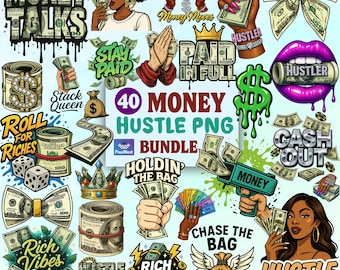 Money Hustle PNG Bundle, 40 Cash Grind Graphics, Rich Vibes Sublimation, Motivational Quote Clipart, Money Hustler Sticker, Money Bag PNGs