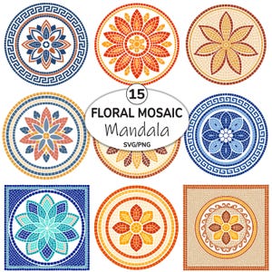 Könnte beinhalten: Eine Sammlung von 15 floralen Mosaik-Mandala-Designs in verschiedenen Farben, darunter Blau, Orange und Beige. Jedes Design zeigt ein Blumenmuster in einem kreisförmigen oder quadratischen Rahmen. Die Designs sind für SVG- und PNG-Formate geeignet.