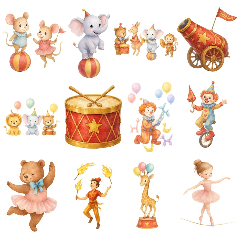 Watercolor Circus Clipart Bundle, Cute Circus Animals PNG, Vintage ...