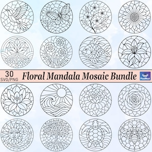 May include: A collection of 12 circular floral mandala mosaic designs in black and white. Each design features a different nature-inspired image, including a bird, butterfly, flower, and sun. The text "Floral Mandala Mosaic Bundle" is also present.