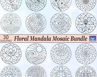Pacchetto di mosaici floreali mandala SVG, disegni di vetrate rotonde, mandala floreale PNG, piastrelle artistiche messicane, taglio laser, motivi di mosaici floreali