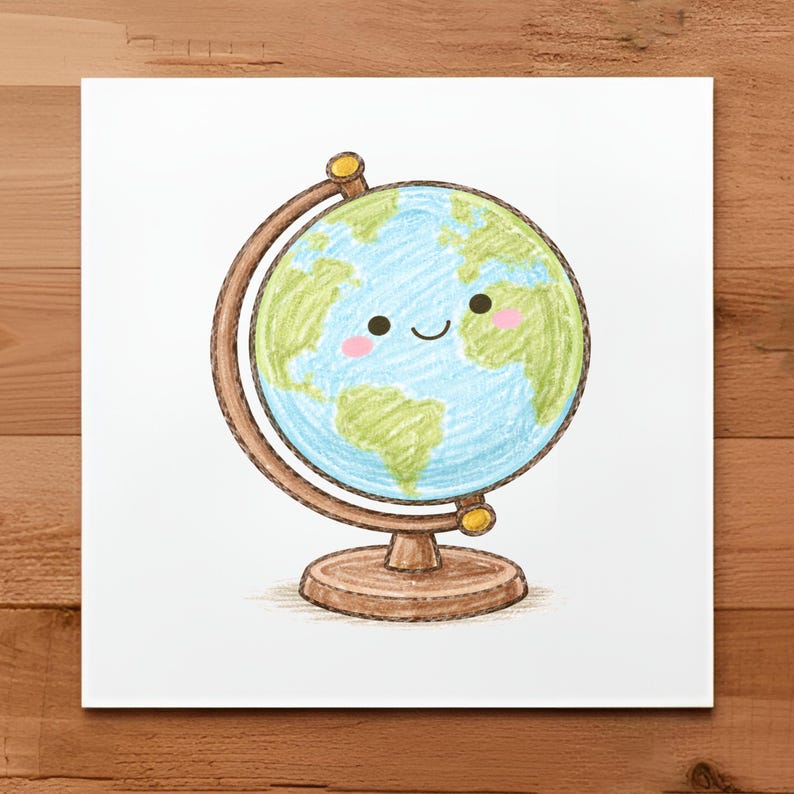 May include: A colorful illustration of a smiling globe. The globe features blue oceans, green continents, and pink cheeks, set on a brown stand and frame. The artwork is on a white background.