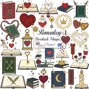 May include: A collection of illustrated clipart elements with a fantasy theme. The image includes books, hearts, keys, swords, roses, and a lantern. The text "Romantasy Bookish Magic Clipart" is also present.