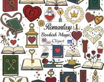 Romantasy Bookish Clipart Bundle, Fantasy Romance Book PNG, Magical Love Books, Booktok Romance SVG Set, Girly Fantasy Reading Stickers