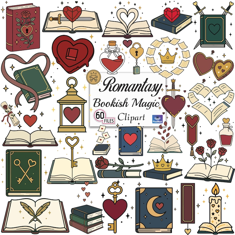May include: A collection of illustrated clipart elements with a fantasy theme. The image includes books, hearts, keys, swords, roses, and a lantern. The text "Romantasy Bookish Magic Clipart" is also present.