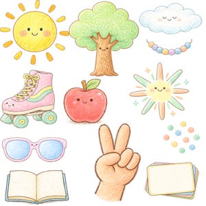 May include: A collection of colorful, hand-drawn illustrations featuring a smiling sun, tree, cloud, roller skate, apple, sunglasses, open book, peace sign hand, and a sunburst. The style is reminiscent of children's drawings.