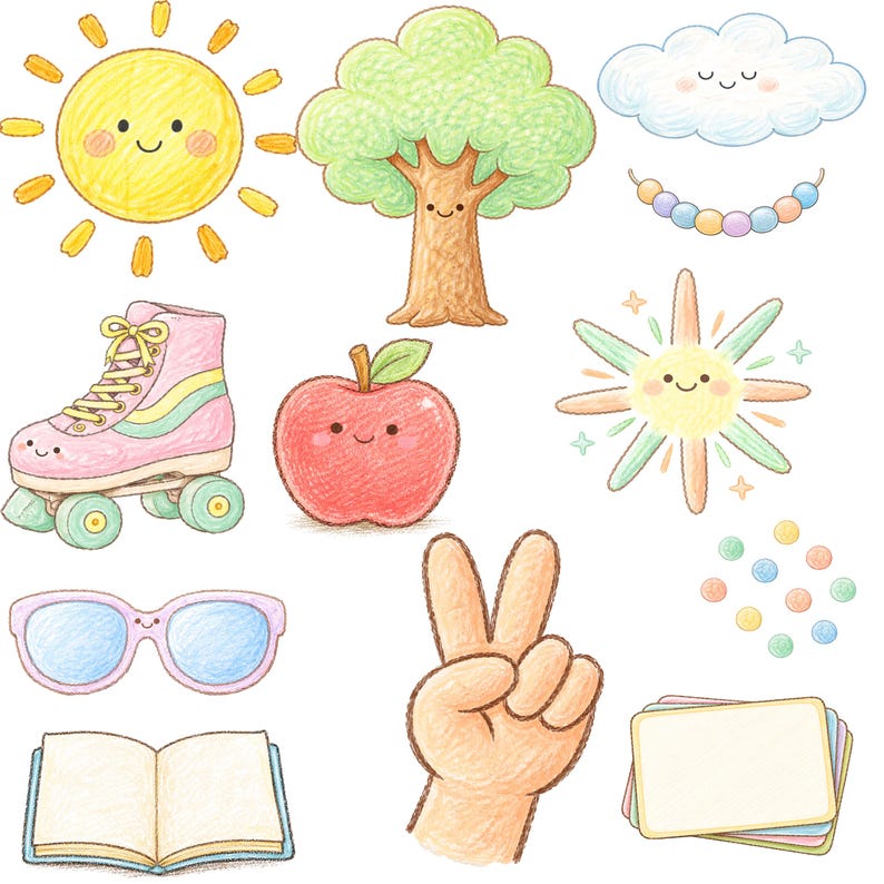 May include: A collection of colorful, hand-drawn illustrations featuring a smiling sun, tree, cloud, roller skate, apple, sunglasses, open book, peace sign hand, and a sunburst. The style is reminiscent of children's drawings.