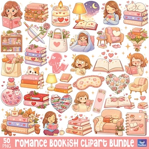 Puede incluir: Una colecci&oacute;n de 50 im&aacute;genes del "Romance Bookish Clipart Bundle". Las ilustraciones presentan montones de libros, velas, l&aacute;mparas, corazones y chicas leyendo. La paleta de colores es rosa p&aacute;lido, beige y blanco, creando un tema rom&aacute;ntico y acogedor.