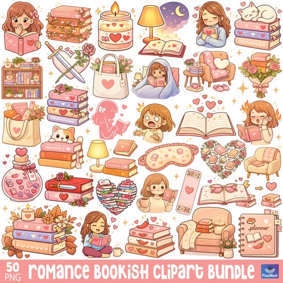 Romance Bookish Clipart Bundle, Cozy Reading PNG, Book Lover Romance Clipart, valentines Book PNG, Reading Girl Art, Booktok Lover Stickers