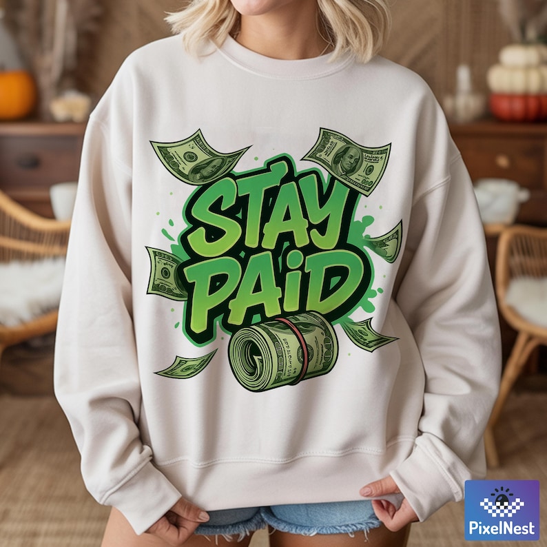 Pu&ograve; includere: Felpa color crema con grafica verde e nera con la scritta "STAY PAID". Il design include banconote e un rotolo di contanti. La felpa &egrave; uno stile casual e confortevole.
