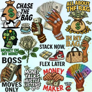Pu&ograve; includere: Un collage di illustrazioni a tema denaro. Include un sacco di soldi che cammina, mani che tengono contanti, una rosa con un biglietto da un dollaro al centro, una sneaker rossa e bianca e frasi di testo come "Chase the Bag" e "Money Maker."