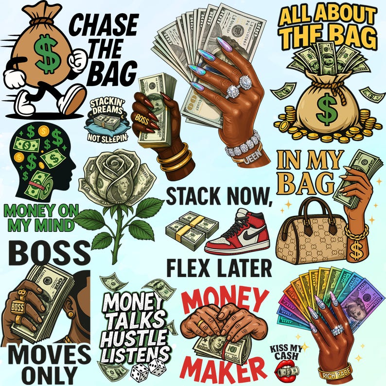 Pu&ograve; includere: Un collage di illustrazioni a tema denaro. Include un sacco di soldi che cammina, mani che tengono contanti, una rosa con un biglietto da un dollaro al centro, una sneaker rossa e bianca e frasi di testo come "Chase the Bag" e "Money Maker."