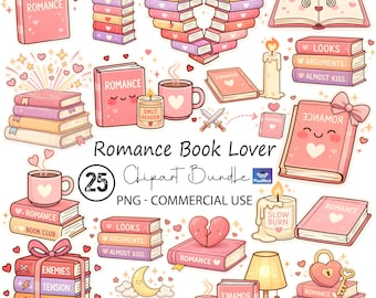 Romance Book Lover Clipart Bundle, Cute Pink Bookish PNG, Romance Reading Stickers, Booktok Valentine, Valentines Book PNG Commercial Use