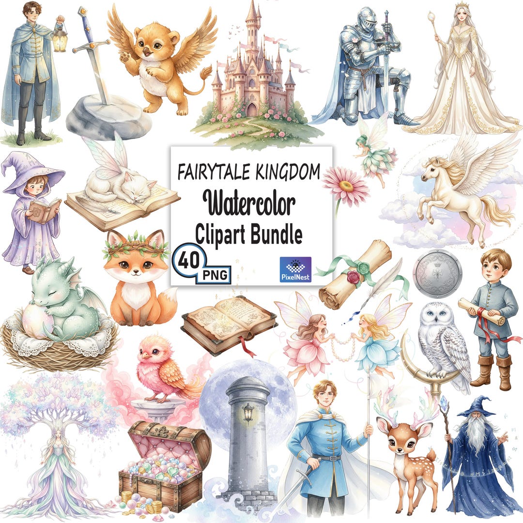Fairytale Watercolor Clipart Bundle, Fantasy Kingdom PNG, Princess ...