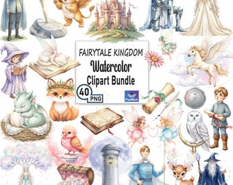 Fairytale aquarel clipartbundel, Fantasy Kingdom PNG, Princess Castle Fairy Art, magische verhalenboek illustratie set, Kingdom Fairies png