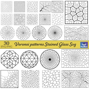 May include: A collection of 30 Voronoi patterns in black and white, suitable for stained glass designs. The patterns include squares, circles, and other geometric shapes with intricate cell structures. The text "Voronoi patterns Stained Glass Svg" is displayed.