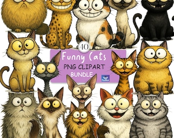 Funny Cats Clipart Bundle, Cute Cartoon Cat PNGs, Silly Kitty Faces, Whimsical Cat Illustrations, Funny Pet Clipart for Stickers, Cards