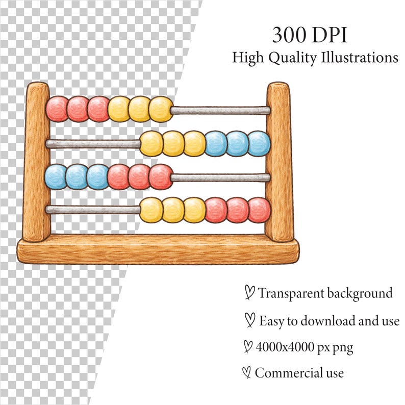 May include: A wooden abacus with colorful beads in red, yellow, and blue. The abacus has three rows of beads and is set against a white background. The image includes the text "300 DPI High Quality Illustrations".