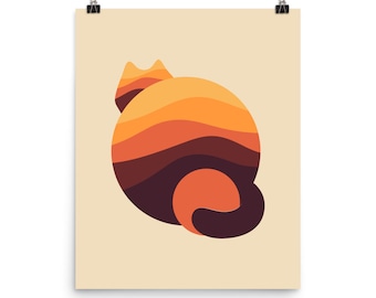 May include: Abstract geometric illustration of a cat with a brown, orange and yellow colour scheme. The cat is curled up in a ball, with its tail tucked behind it.