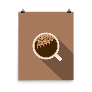 May include: A brown coffee mug with a white rim and handle, filled with coffee and foam. The mug is on a brown background with a long shadow.