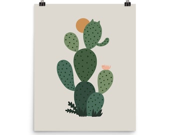 May include: A green cactus with a pink flower and a small orange sun in the background. The cactus has a unique shape and is a popular design element for home decor.