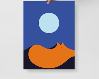 May include: A digital illustration of an orange cat with a white moon in the background. The cat is lying down on a dark blue hill. The moon is a light blue color.