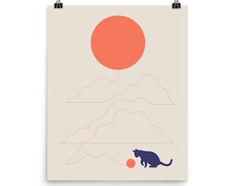 May include: A minimalist art print featuring a black cat playing with a red ball of yarn. The yarn is connected to a large red circle, representing the sun, in the upper part of the print. The background is a light beige color.