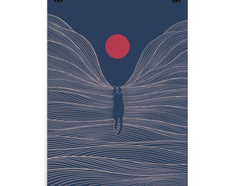 May include: A black cat silhouette hanging from a line of waves against a dark blue background with a red circle in the upper center.