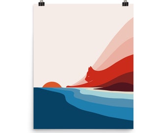 May include: Abstract art print featuring a red cat silhouette against a layered background of pink, red, and brown hues. The cat is looking towards a bright orange sun setting over a blue ocean.