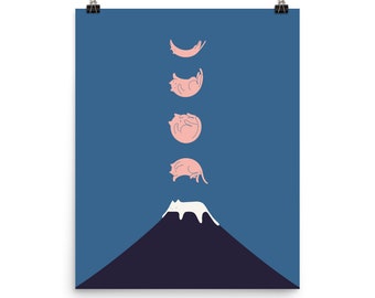 May include: A digital illustration of a white cat sleeping on top of Mount Fuji. Four pink cats in different sleeping positions are shown in the sky above the mountain, resembling phases of the moon.
