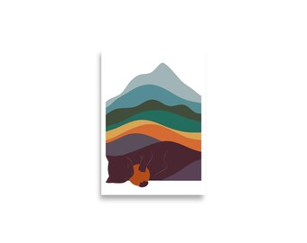 May include: Abstract illustration of a mountain range with a brown bear sleeping in the bottom layer. The mountain is layered with shades of blue, green, orange, and purple.
