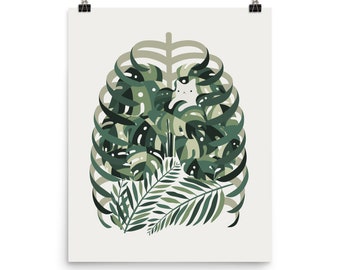 May include: A white cat sits inside a green leafy jungle scene, surrounded by a stylized ribcage.