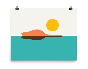 May include: A minimalist abstract art print featuring a peach-colored island with a brown shadow, floating on a turquoise blue sea. A yellow sun sits above the island.