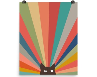 May include: A black cat with white eyes peeks out from behind a colorful rainbow sunburst pattern. The background is a vibrant mix of red, orange, yellow, green, blue, and purple.